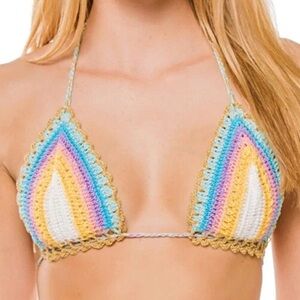 NWT $108 Pilyq Romance Crochet Bikini Top Halter Rainbow Pastel Crocheted Tie S